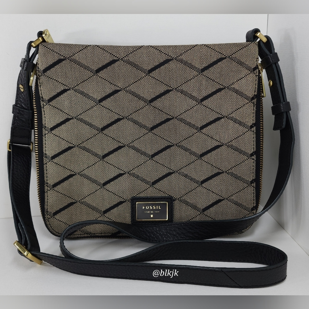 Fossil Jacquard And Pebbled Leather Expandable Crossbody *Tan/Black* EUC